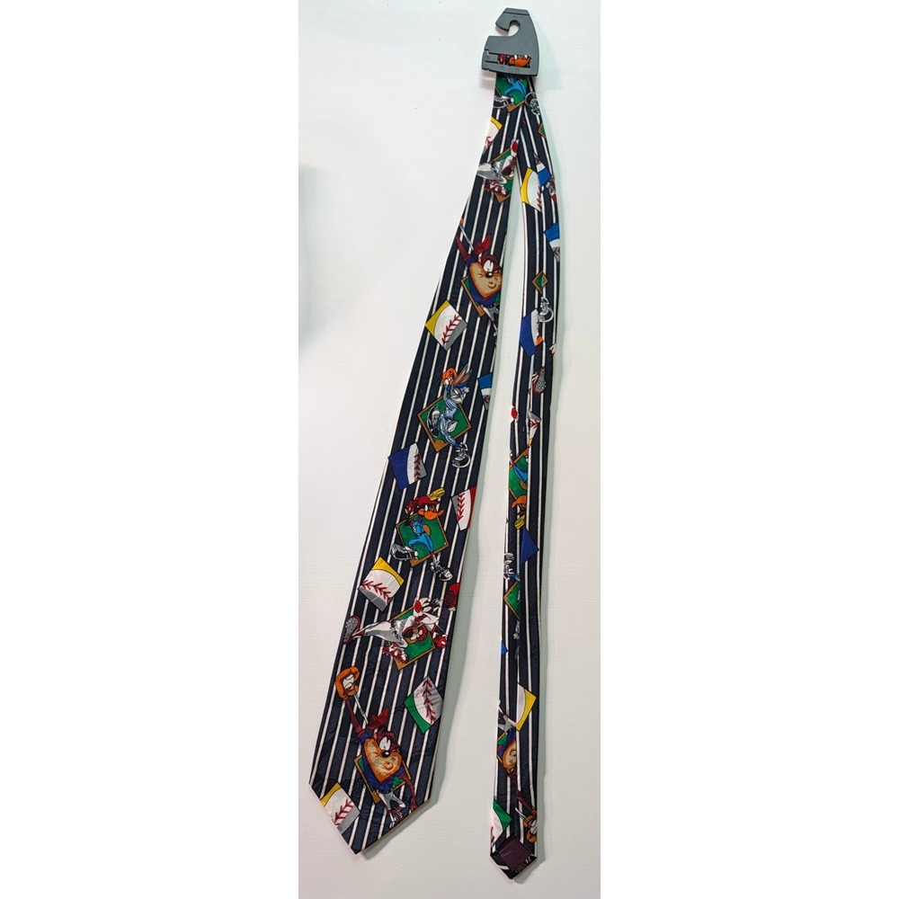 Vintage Looney Tunes Mania Baseball Silk Tie Navy Pinstripe Bugs Bunny Taz Wile